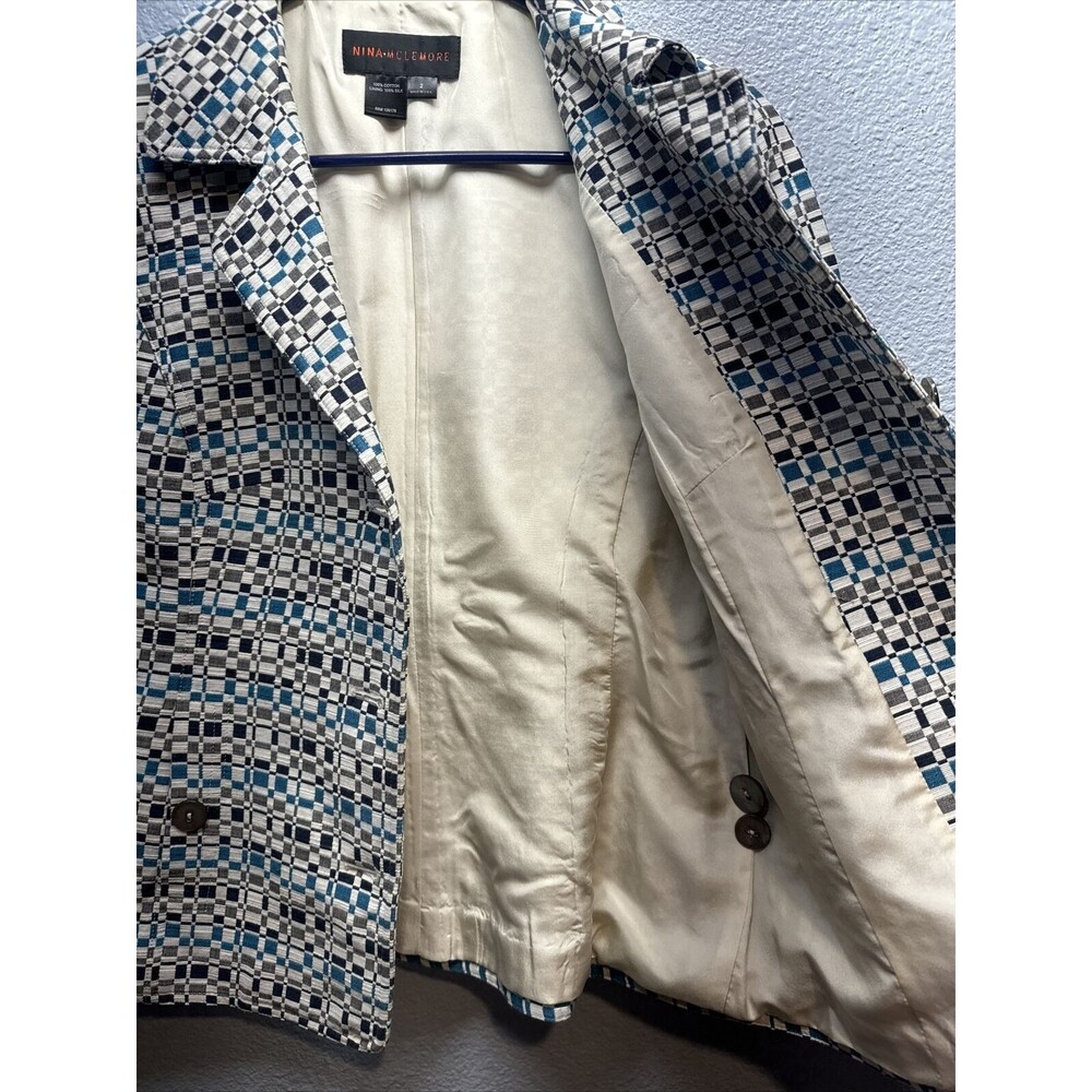 Nina Mclemore Women Blue,White Geometric Pattern Button Front Blazer Jacket Sz 2 - Picture 13 of 16